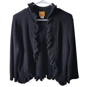 Ruby Rd Cardigan Black Ruffled Open Front 3/4 Sleeve Womens Large Boho Academia